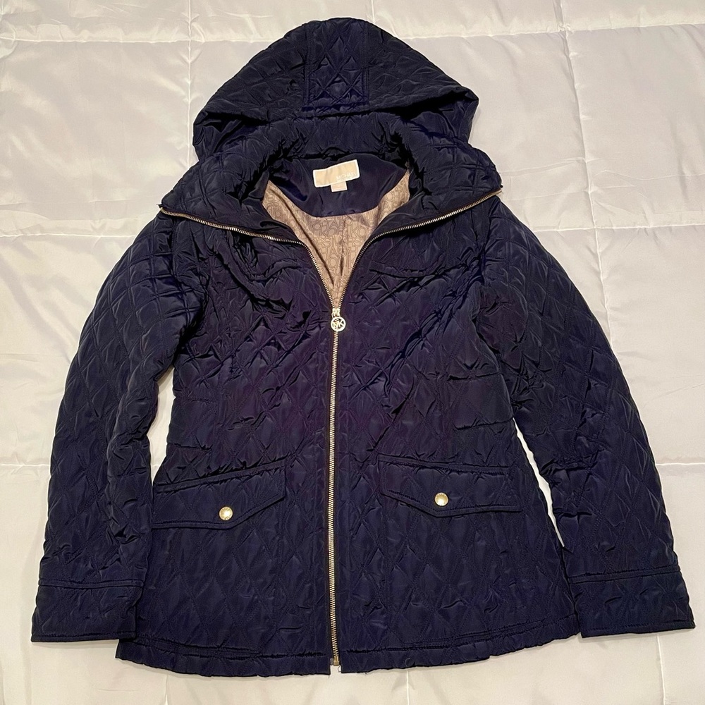 Michael Kors Quilted Coat with Hood Navy Blue Size Medium